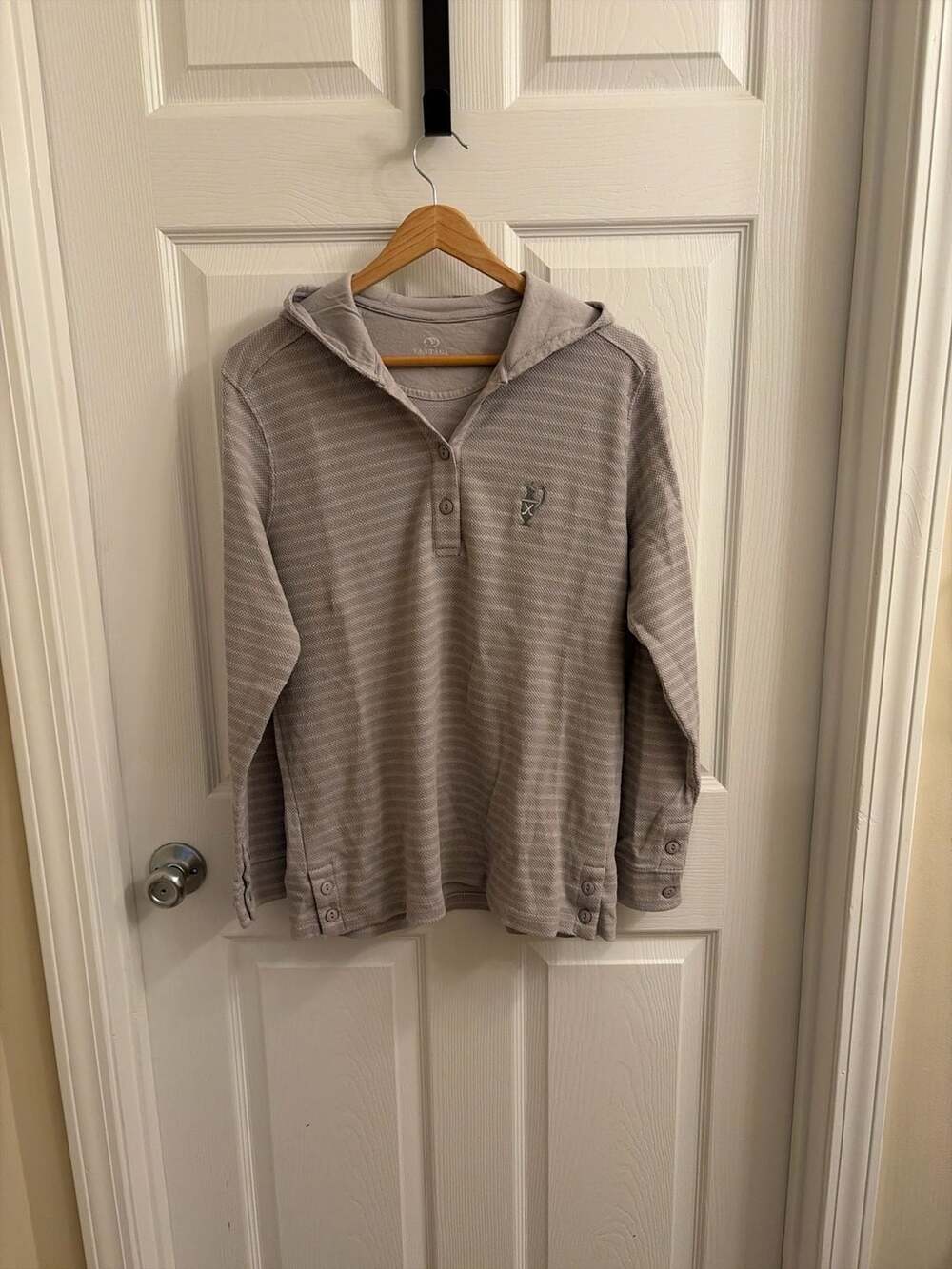 Vantage Women's Grey & White Striped Long Sleeve Henley Hoodie Pullover